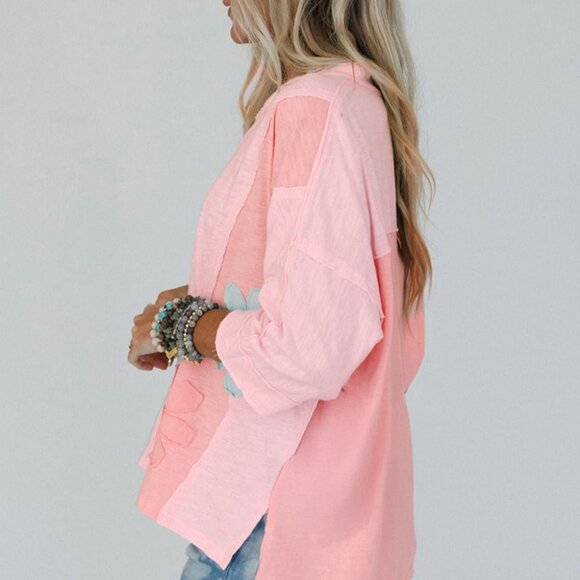 B295 Pink Flower Patched Exposed Seam 3/4 Sleeve Top - Picture 3 of 9